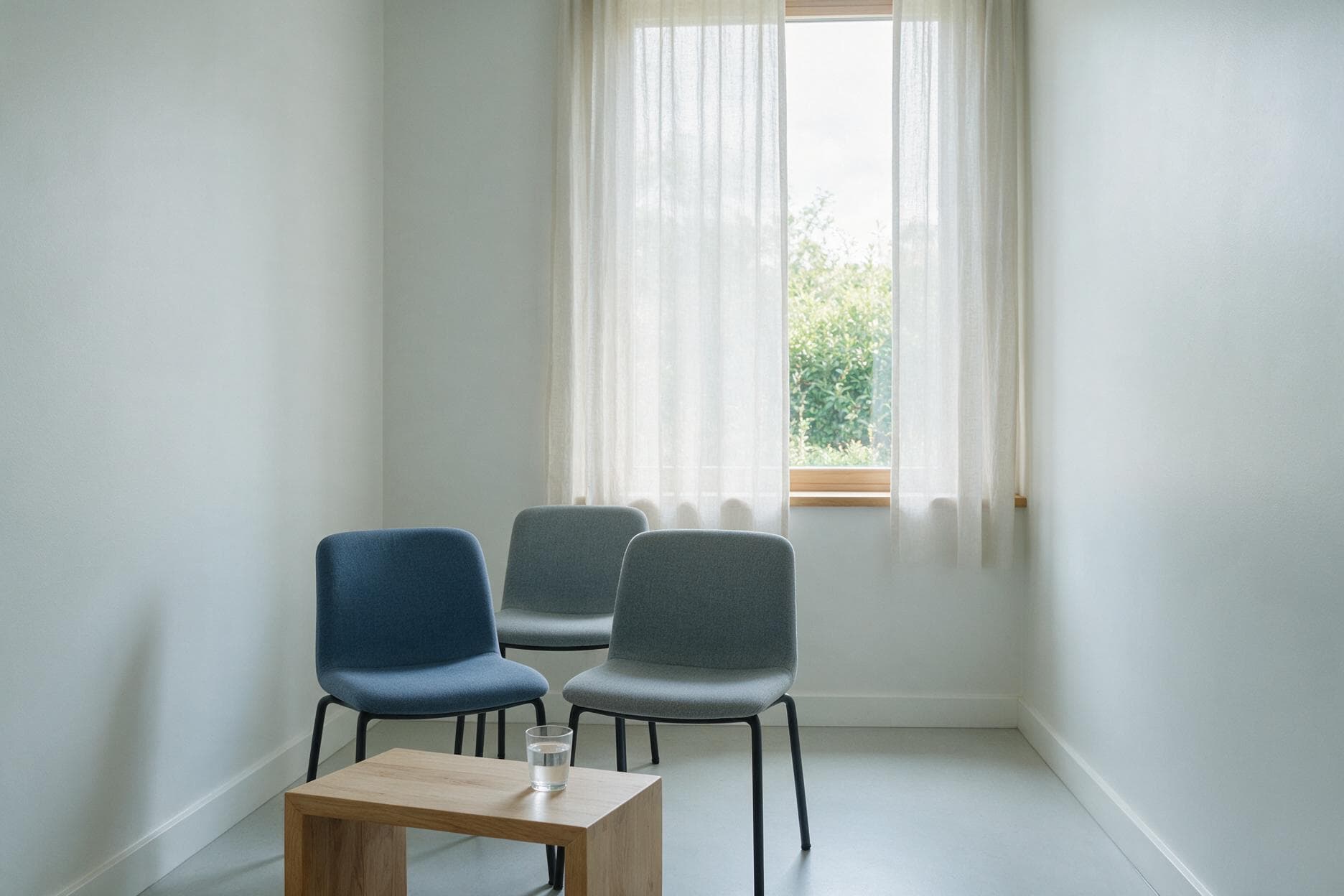 Sala de espera clara, com luz natural e cadeiras em tons de azul e cinza